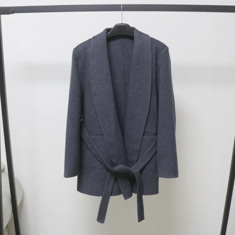 青果领系带中款羊毛毛呢外套小个子红色女2025秋冬新双面羊毛大衣