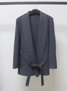 青果领系带中款羊毛毛呢外套小个子红色女2025秋冬新双面羊毛大衣