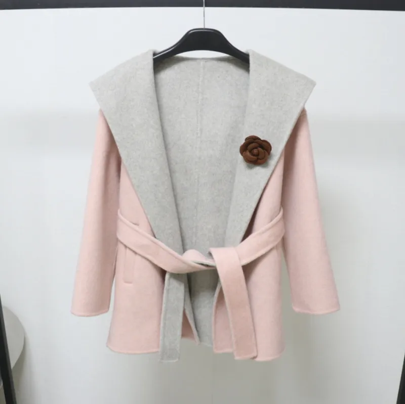 撞色连帽双面羊毛大衣女短款小个子系带秋冬新款羊毛呢子外套