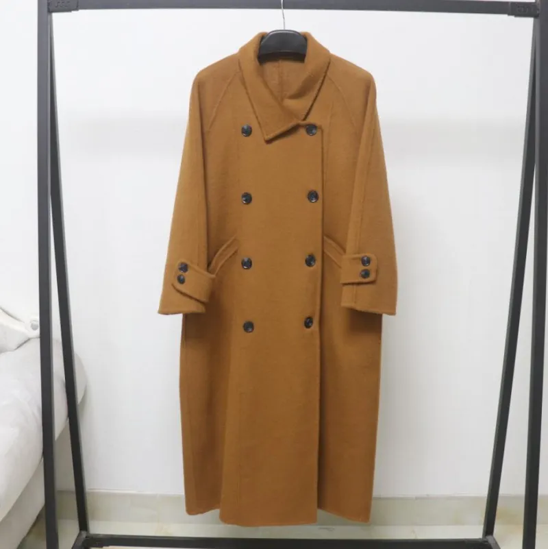 欧洲站长毛双面羊毛呢大衣外套女秋冬高领双排扣长年轻中长款