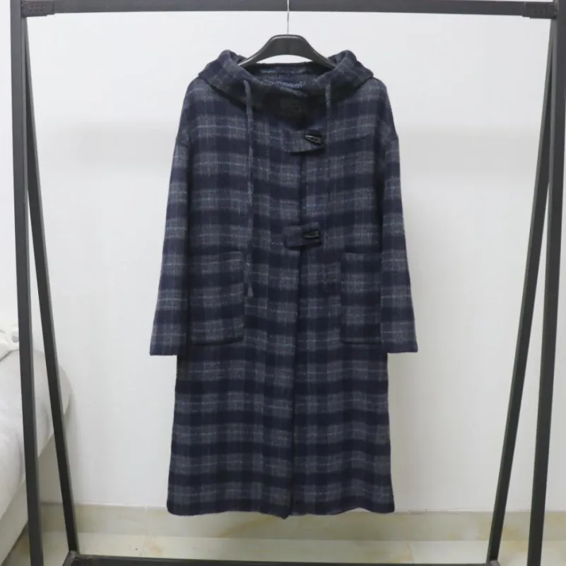 欧洲站秋冬新款连帽复古休闲宽松格纹双面羊毛大衣长款毛呢外套