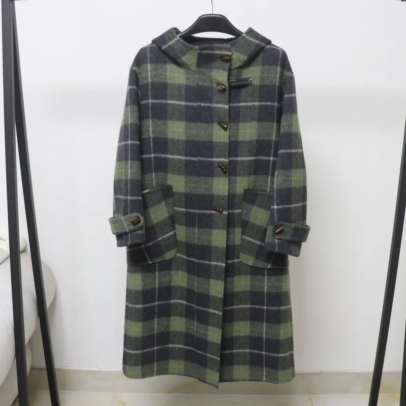 秋冬新款复古学院感连帽格纹牛角扣双面呢大衣中长款羊毛外套