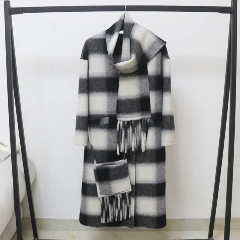 东大门围巾气质格子款双面呢羊毛外套女大衣女加长V领秋冬呢