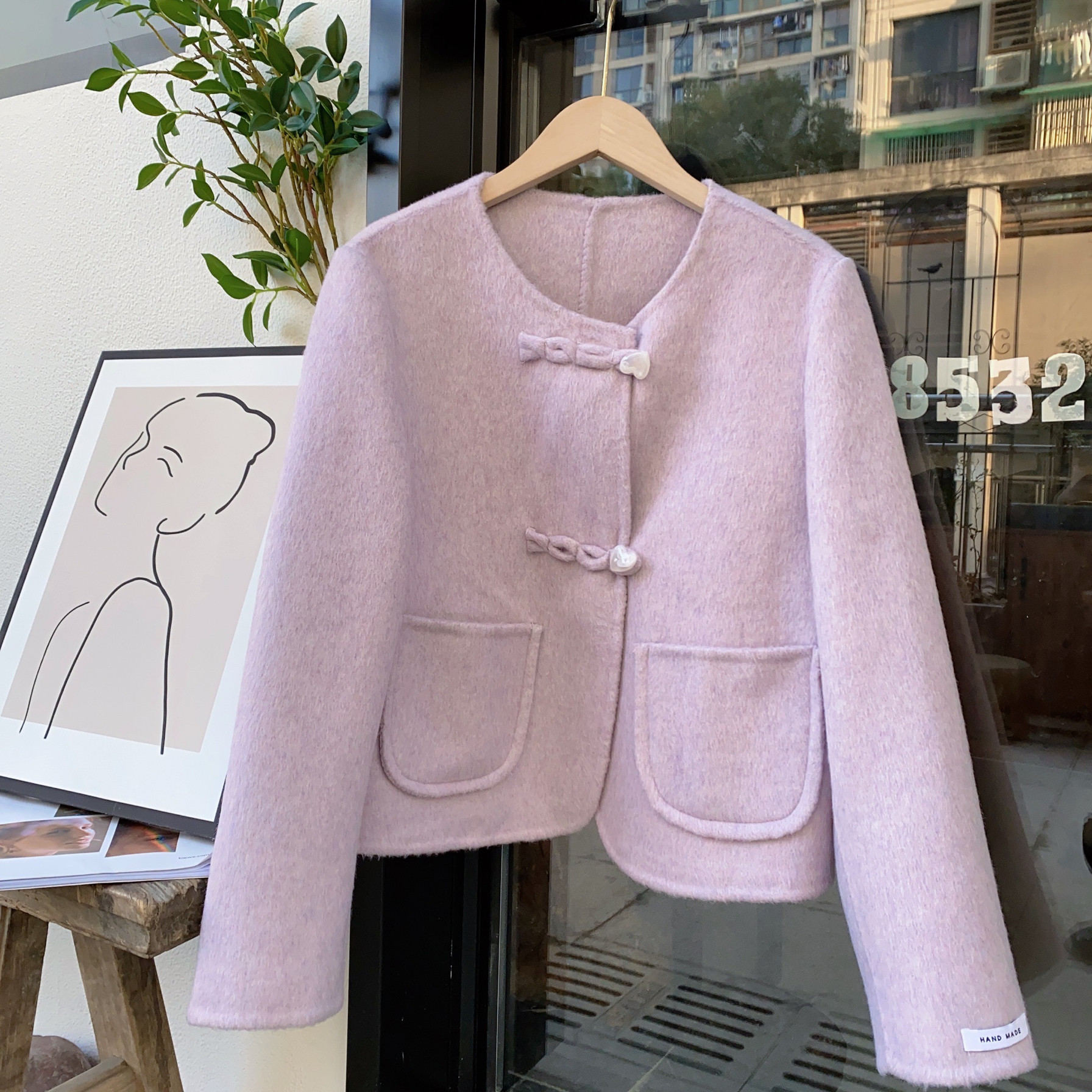 爱心扣小香风双面羊绒大衣女短款韩版时尚圆领羊毛呢外套