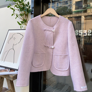 圆领羊毛呢外套 时尚 爱心扣小香风双面羊绒大衣女短款 韩版