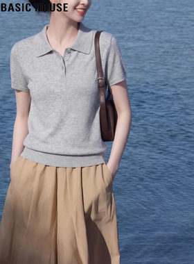Basic House/百家好灰色天丝翻领短袖T恤女夏季薄款亚麻冰丝上衣