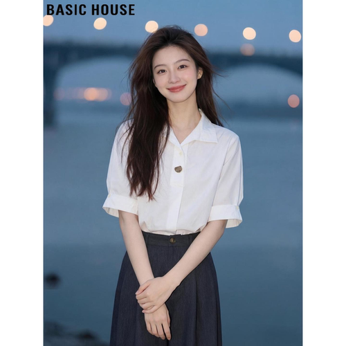 百家好简约白色polo领短袖衬衫女