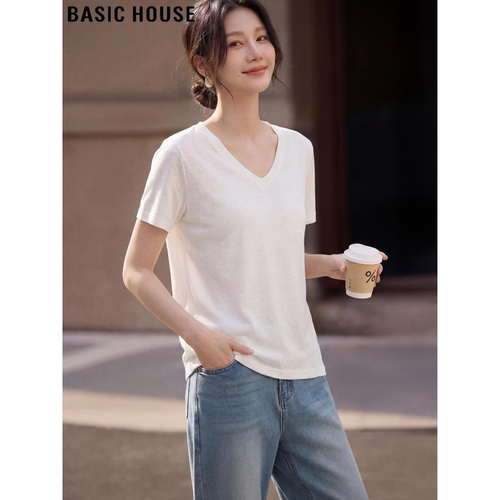 百家好气质白色正肩V领短袖T恤女