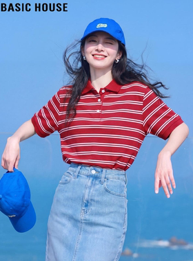 Basic House/百家好红色条纹纯棉短袖T恤女夏季巨好看POLO领上衣