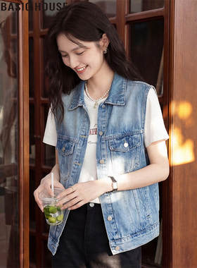 百家好蓝色翻领牛仔马甲外套女