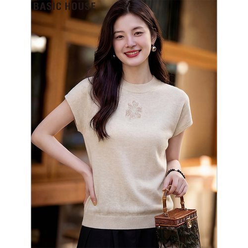 百家好灰色针织短袖T恤女