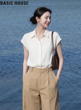 Basic House/百家好法式白色polo领短袖衬衫女2026夏季小飞袖上衣