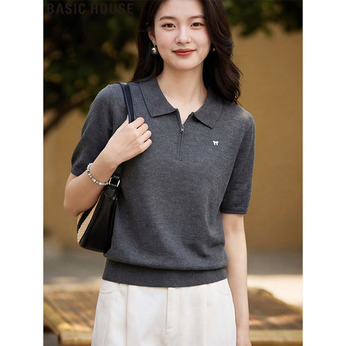 百家好半拉链翻领针织T恤女夏
