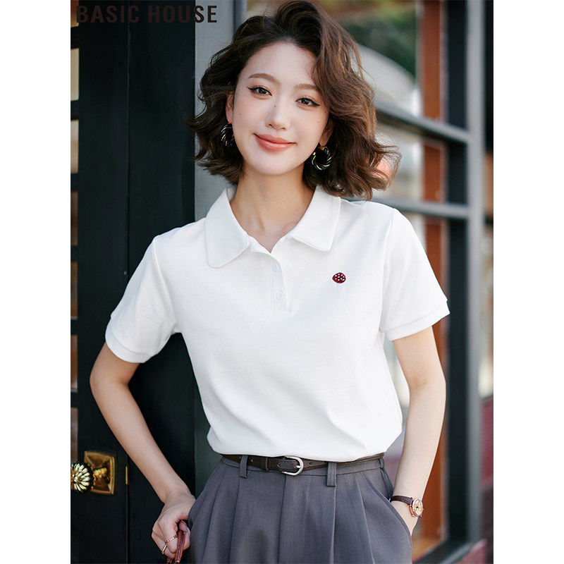 Basic House/百家好里约周末白色polo领短袖T恤女装夏季2026新款