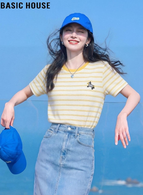 Basic House/百家好黄色条纹卡通刺绣短袖T恤女夏季洋气减龄上衣