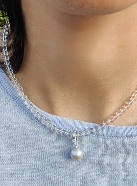 手作定制高级轻奢天然淡水珍珠近正圆S925银万能扣吊坠白水晶项链