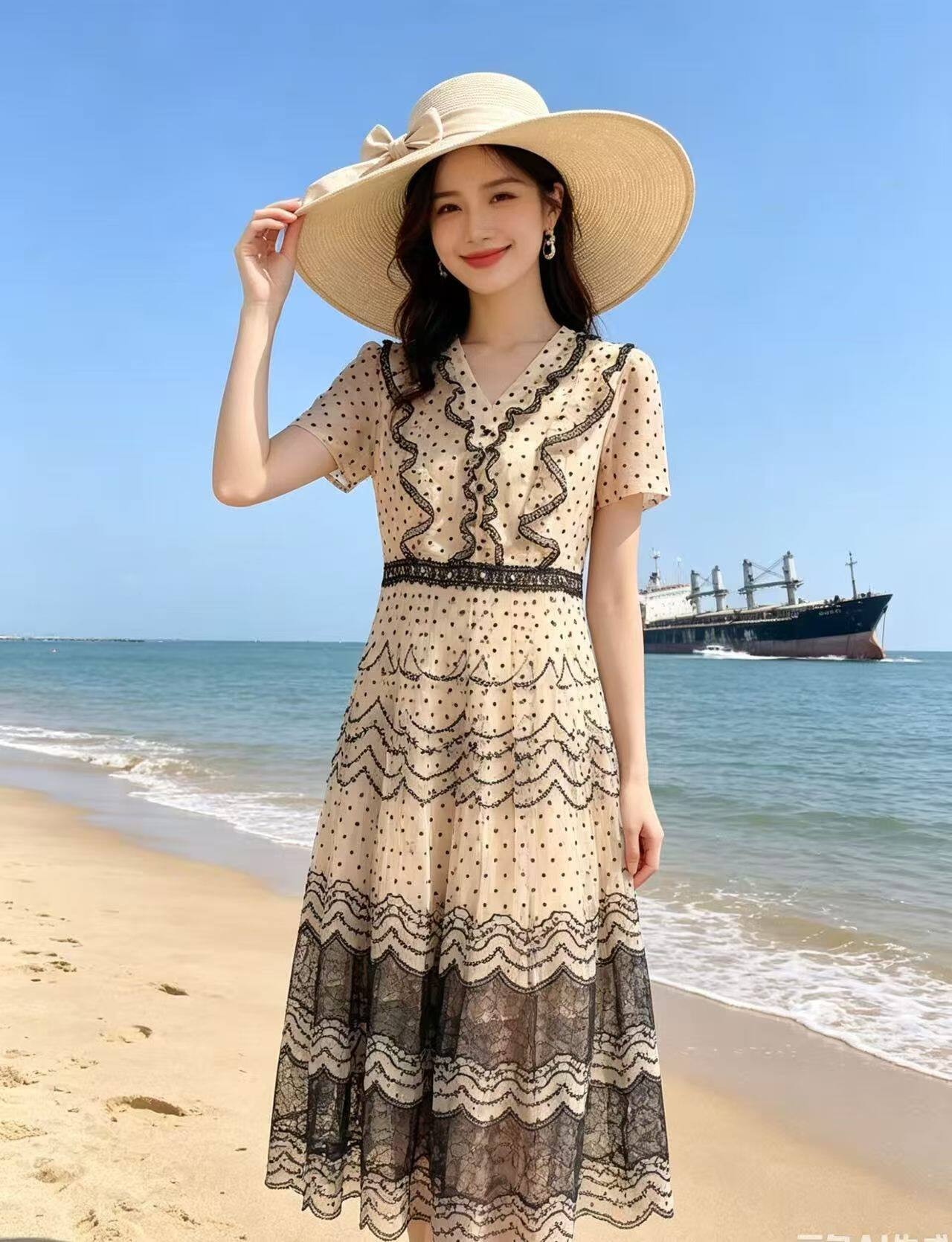 Dili迪骊专柜正品 夏季杏色波点网纱蕾丝淑女连衣裙 不退