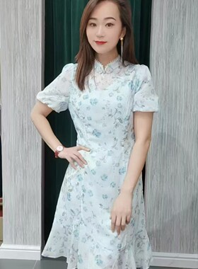 Dili迪骊专柜正品 新款夏季粉蓝碎花中式旗袍连衣裙s
