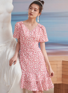 Dili迪骊专柜正品2024新款夏淑女气质粉红碎花连衣裙半裙上衣衬衫