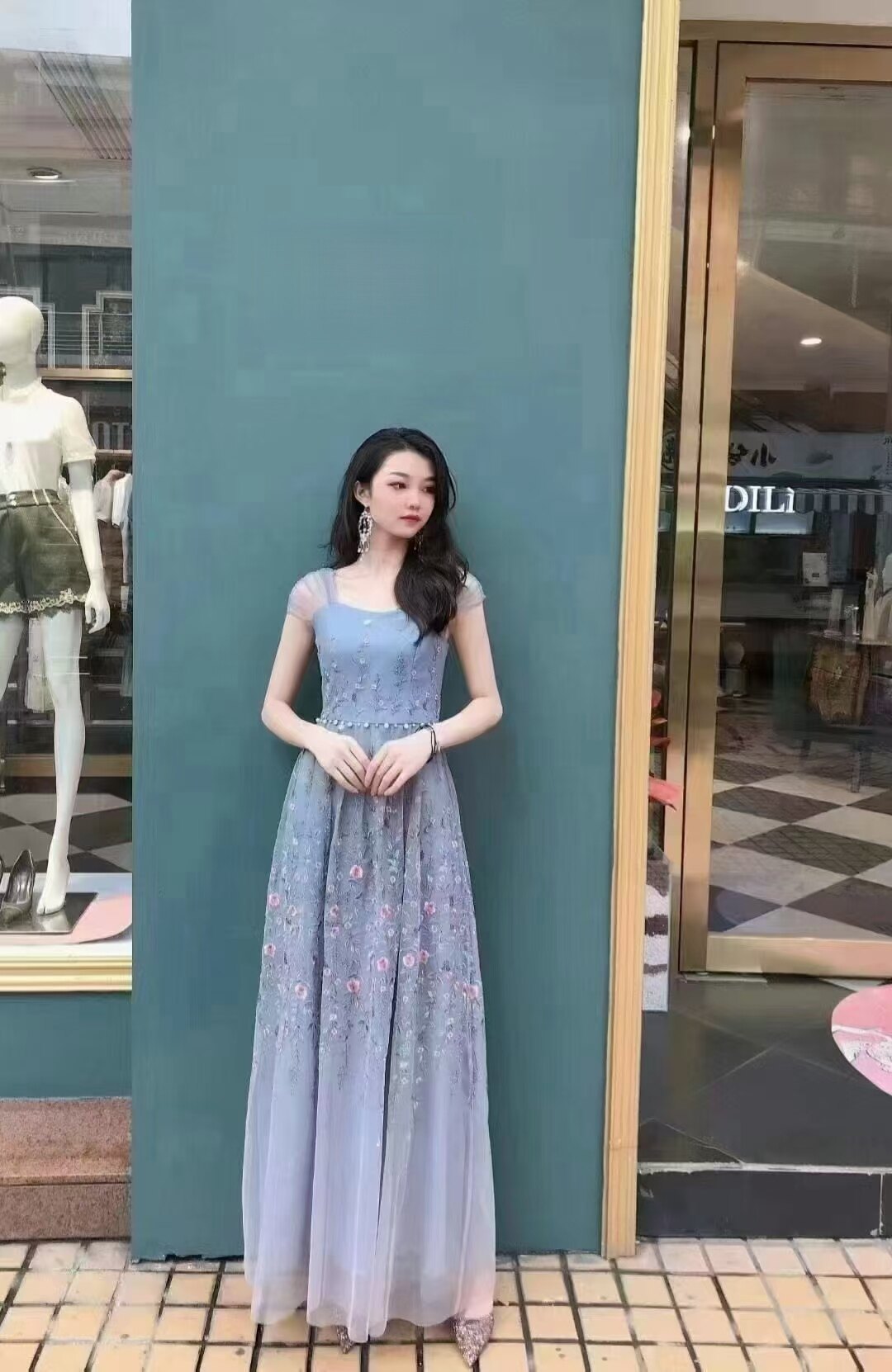 Dili迪骊专柜正品灰蓝网纱重工刺绣晚礼服L连衣裙微瑕 退货拉黑
