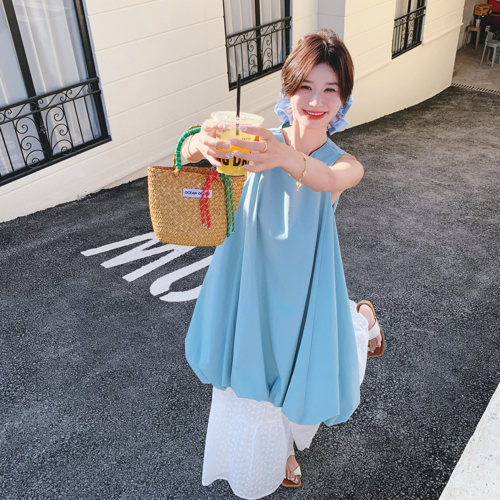 法式蓝色无袖背心连衣裙阔腿裤两件套女夏季2025新款气质花苞短裙,女装套装/套裙,2C069
