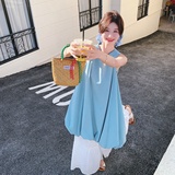 法式蓝色无袖背心连衣裙阔腿裤两件套女夏季2025新款气质花苞短裙，女装套装/套裙，2C069