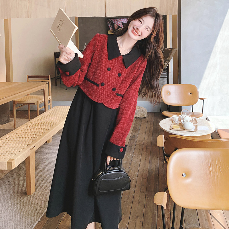 冬款主推法式小香风加厚假两件连衣裙99377-P155K218，女装连衣裙，2C069