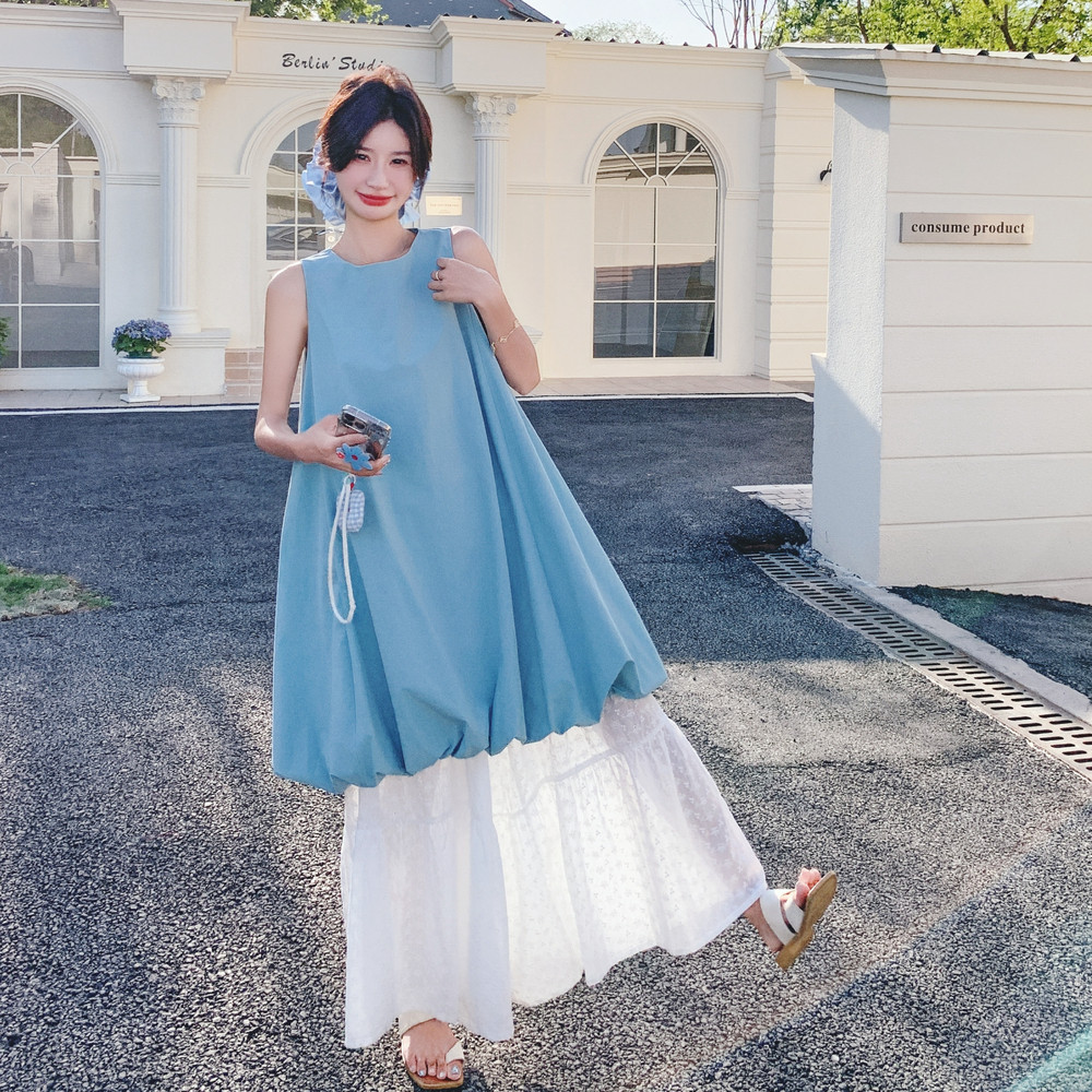 法式蓝色无袖背心连衣裙阔腿裤两件套女夏季2025新款气质花苞短裙,女装套装/套裙,2C069