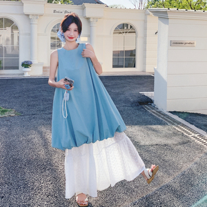 法式蓝色无袖背心连衣裙阔腿裤两件套女夏季2025新款气质花苞短裙图片