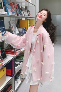 粉色立体花朵西装外套女2025秋季新款设计感甜美宽松薄纱小西服潮图片