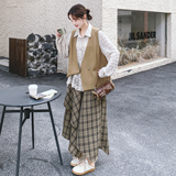 【】针织衬衫+格纹半身裙+不规则马甲3件套6099-P235K378，女装套装/套裙，2C069