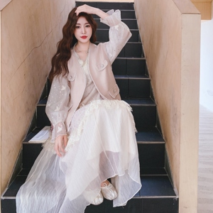 粉色珍珠镶边粉色马甲蕾丝连衣裙两件套女春秋2025新款甜美巨好看图片
