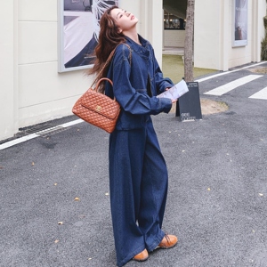 休闲减龄穿搭蓝色工装牛仔套装女2025年春秋超火好看阔腿裤两件套图片
