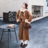 棕色保暖复古牛角扣外套两件套女2025冬季氛围感半身裙淡人两件套，女装套装/套裙，2C069