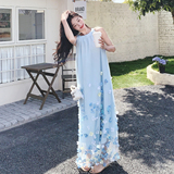 清纯系蓝色挂脖连衣裙女夏超火好看无袖薄纱宽松仙气度假长裙及踝，女装连衣裙，2C069