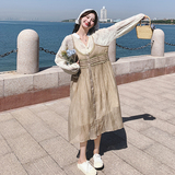 法式茶歇衬衫吊带裙套装女2025春秋季新款温柔风显瘦连衣裙两件套，女装连衣裙，2C069