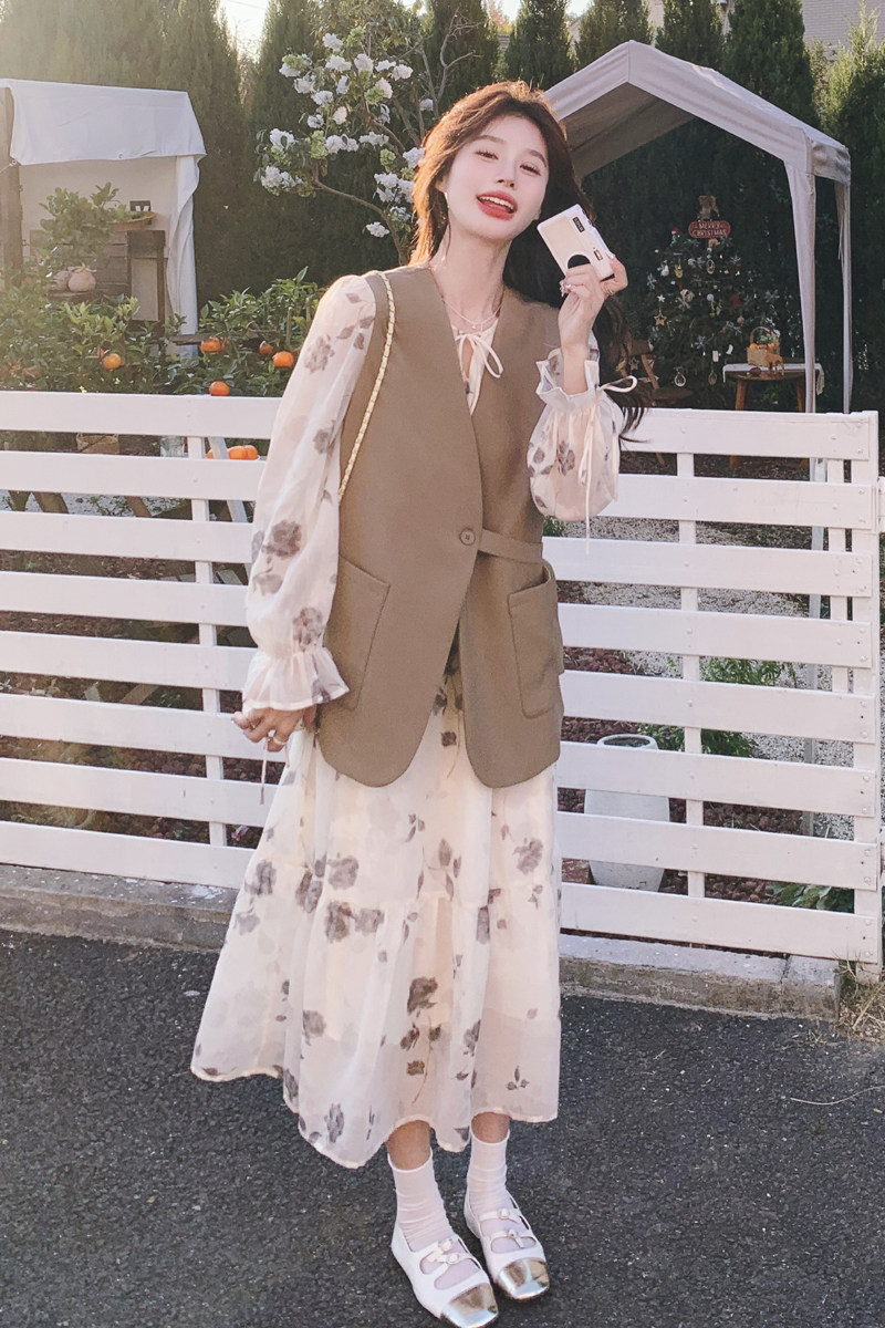 法式水墨画连衣裙套装女2024春秋新款设计感气质马甲两件套裙子,女装套装/套裙,2C069