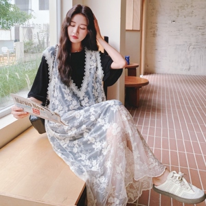 钩花蕾丝罩衫连衣裙叠穿套装女2025夏季新款超好看独特漂亮T恤裙图片