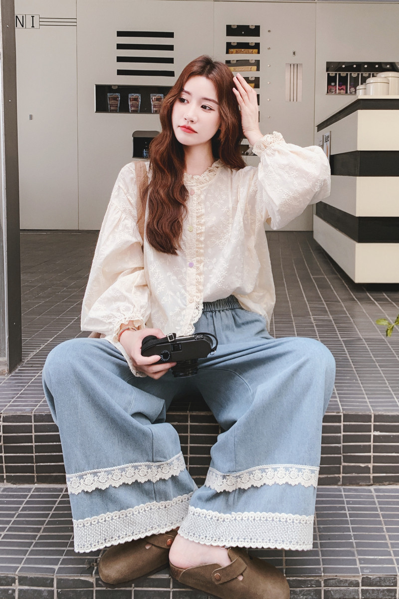 【大货】法式蕾丝刺绣衬衫+牛仔阔腿裤套装F622-P175K248,女装套装/套裙,2C069
