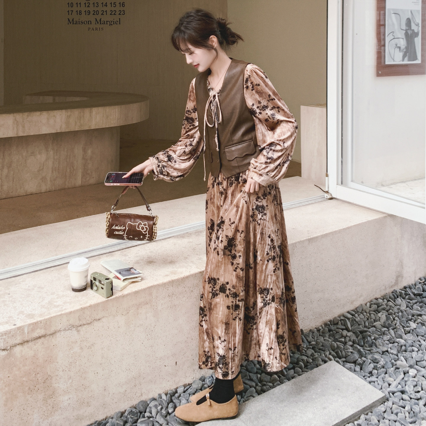 【】法式复古丝绒连衣裙+PU皮马甲套装6095-P195K318,女装套装/套裙,2C069