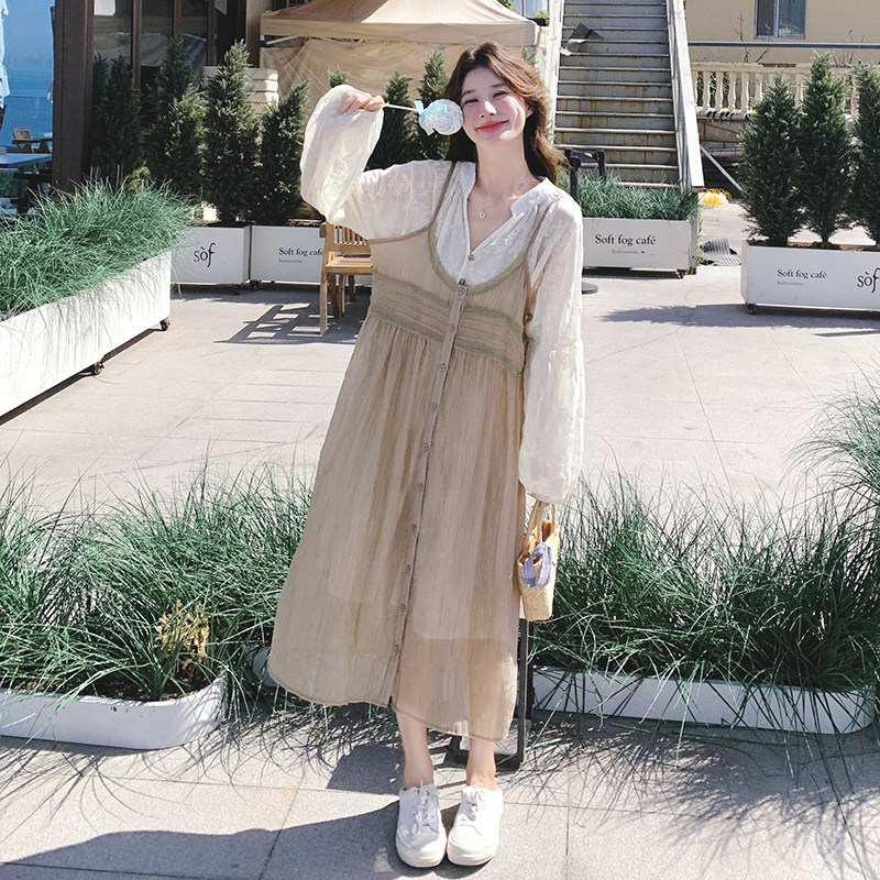 法式茶歇衬衫吊带裙套装女2025春秋季新款温柔风显瘦连衣裙两件套,女装连衣裙,2C069