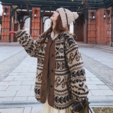 咖色撞色印花羊羔毛加绒加厚棉衣外套女冬季2025新款韩系复古棉服，女装皮草，2C069