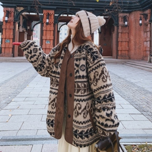 咖色撞色印花羊羔毛加绒加厚棉衣外套女冬季2025新款韩系复古棉服图片