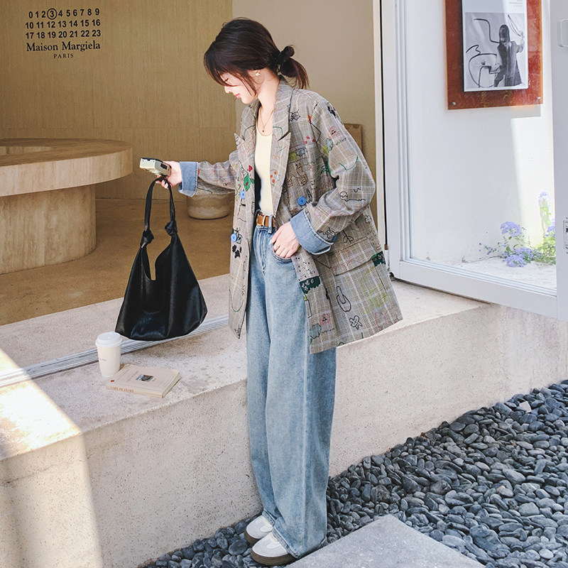 大货2026春牛仔拼接涂鸦格子西装外套99258-P145K198,女装西装,2C069
