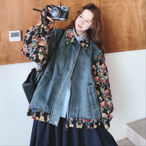 美式复古撞色假两件短款牛仔外套女春秋超火好看小众高级夹克上衣图片