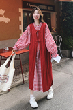 韩系复古格纹衬衫连衣裙套装女2025春秋新款显瘦叠穿罩衫裙两件套，女装套装/套裙，2C069