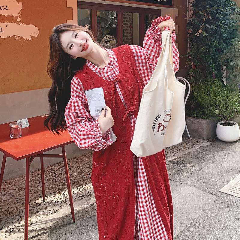 红色新中式开衫套装春秋女2025新款复古学院减龄格纹衬衫裙两件套,女装套装/套裙,2C069