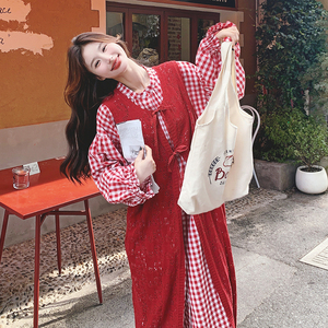 红色新中式开衫套装春秋女2025新款复古学院减龄格纹衬衫裙两件套图片