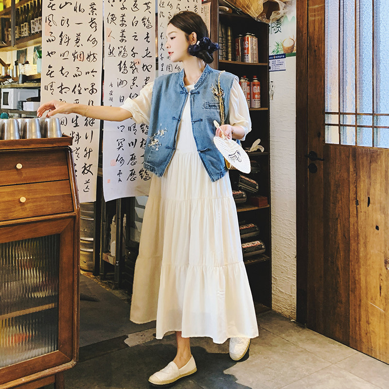 2026夏新中式盘扣牛仔马甲+杏色连衣裙套装88670-P165K228,女装套装/套裙,2C069