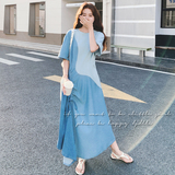 蓝色牛仔拼接连衣裙女2025年夏季新款设计感独特超好看不规则长裙，女装连衣裙，2C069